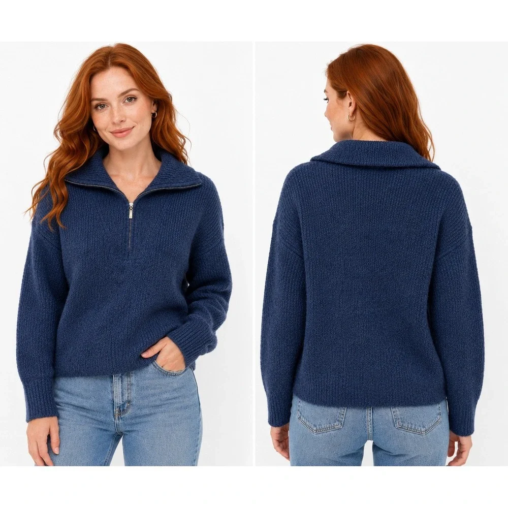 Blue Ribbed Quarter Zip Sweater sz XS Blue Ribbed Wool Blend Minimal Academia